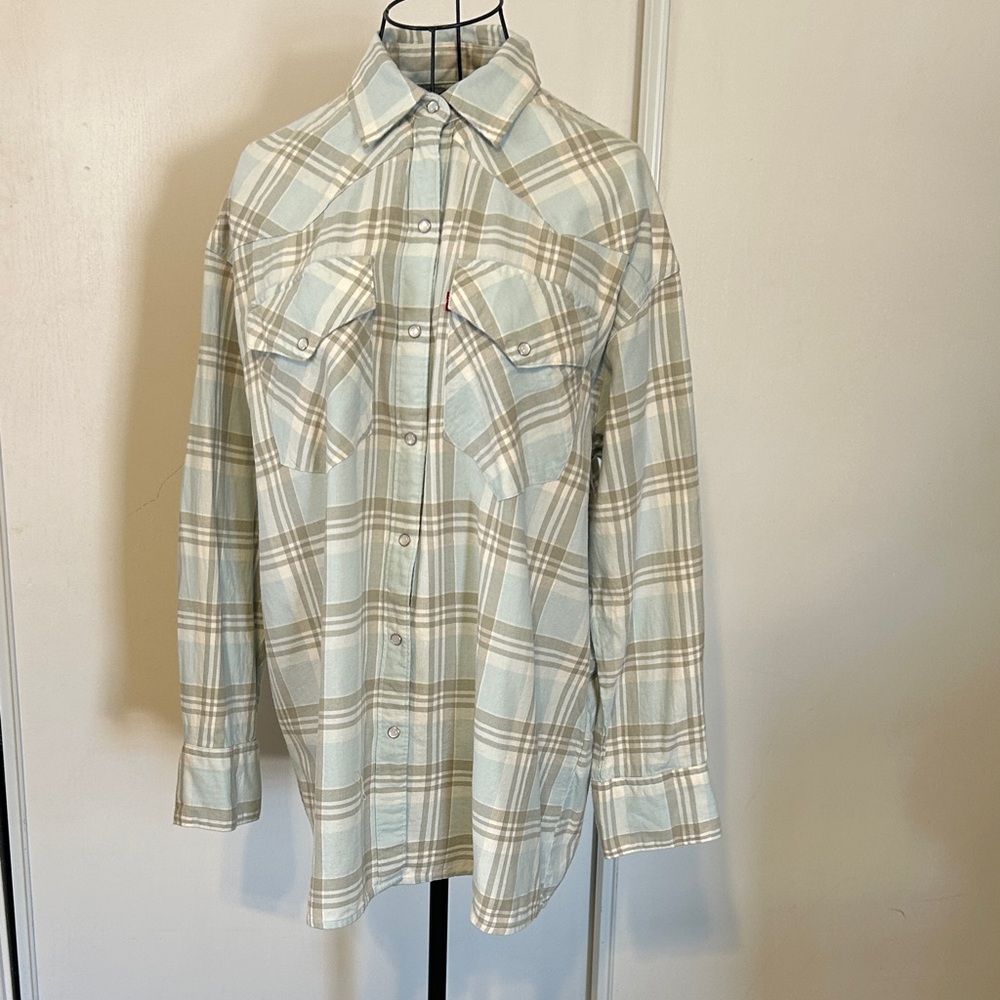 Levi's Unisex Light Gray Plaid Flannel Pearl Snap Shirt XS